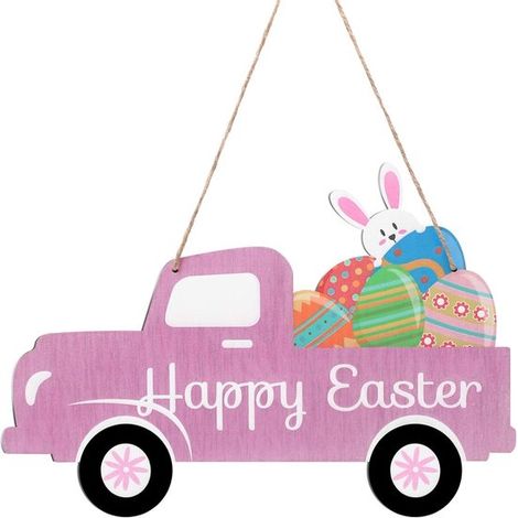 5 cartelli di Pasqua per la porta – Cartello in legno con camioncino, uova e coniglio (1/5)