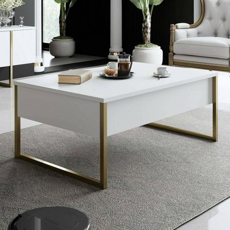 Dmora - Mesa de café Canis, Mesa de centro baja, Revistero para sofá, Estante de la sala de estar, 90x60h40 cm, Blanco y Oro, con embalaje reforzado (1/5)