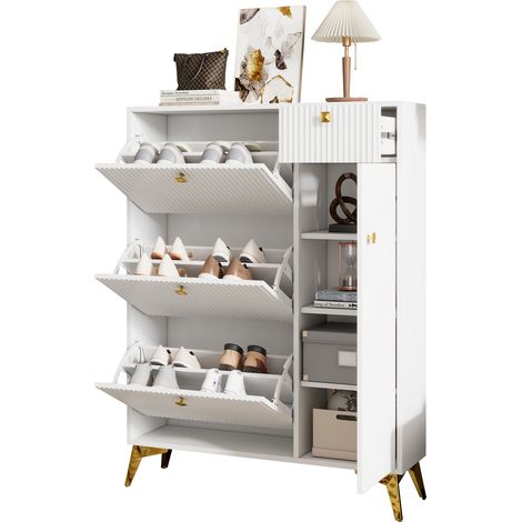 Schuhschrank mit 3 Klappen, 1 Schublade und 1 Tür, Verstellbare Böden, für Eingangsbereich, aus Holz und Metall, 90×25×121 cm, Weiß (1/5)
