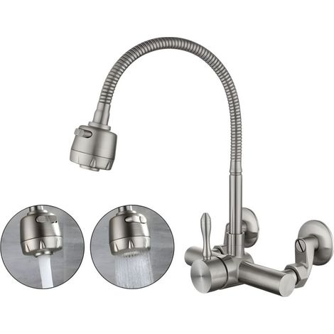 Miscelatore da cucina a parete in acciaio inox 304 – girevole a 360° – valvola in ceramica – montaggio a parete 12-18 cm – risparmio idrico del 30% – Crezuo