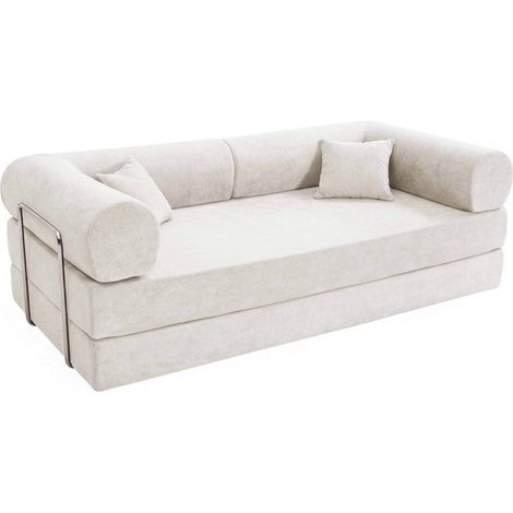 Oviala – Canapé convertible 2 places en tissu modulable 206 cm – Dossiers en mousse haute résilience – Largeur couchage 148 cm – Couleur écru