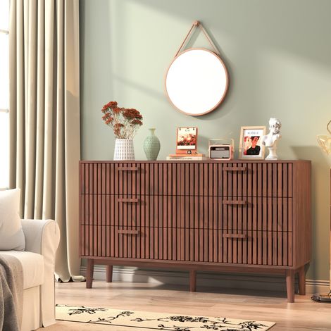 Commode 6 tiroirs bois noyer - Design Art Déco, pieds stables anti-bascule - 100x34x73 cm - Rangement spacieux chambre (1/5)