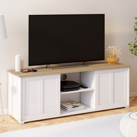 Mueble TV JANGO 140 cm con 2 puertas correderas blancas y encimera de madera (1/5)