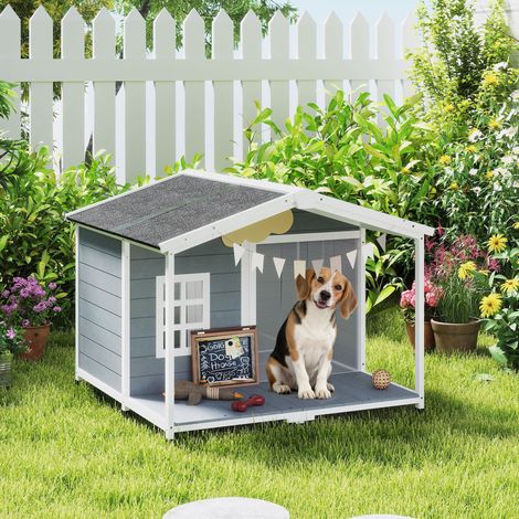 Niche surélevée en bois résistant aux intempéries avec toit en asphalte et terrasse, pour chiens de taille moyenne, 103 x 107 x 83,5 cm, grise