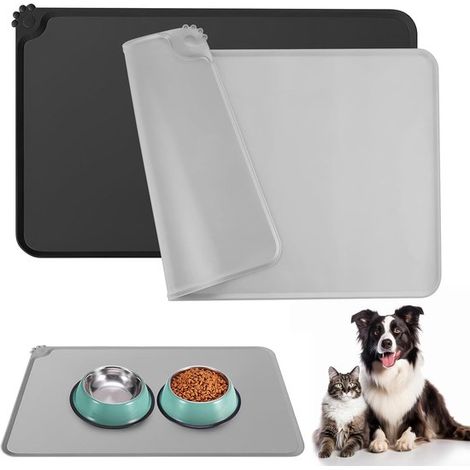 Futternapf-Unterlage für Katzen und Hunde – 48 x 30 cm Futternapf-Unterlage für Hunde – Rutschfeste Silikon-Futtermatte – Wasserdichter Rand – Schwarz und Grau (1/5)