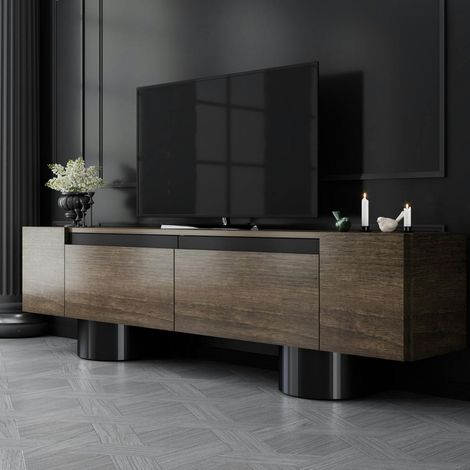 Meuble TV design effet noyer pieds cylindres noirs JENA