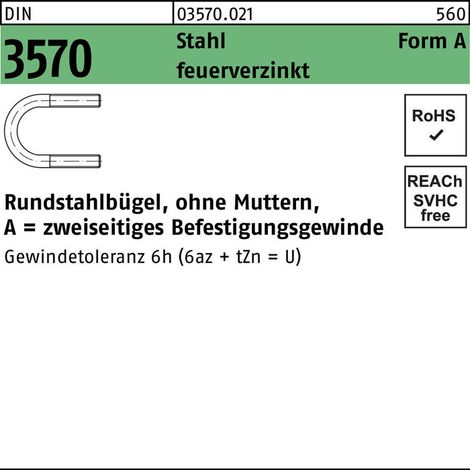 DIN 3570 Rundstahlbügel Stahl U A 176 / NW 150 M 16 feuerverzinkt, Gewindetoleranz 6h tZn S 10 Stk (1/2)