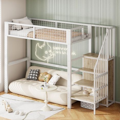Hochbett 90x200 cm mit Kleiderschrank und Sicherheitsleiter, Kinderbett aus Metallrahmen, Loftbett mit Rausfallschutz, Weiß/Schwarz (1/5)