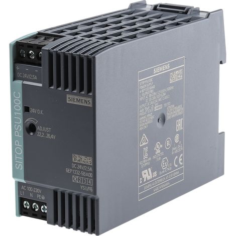 Alimentation pour rail DIN Siemens, série SITOP PSU100C, 24V c.c. 2.5A, 85 264V c.a., 60W ( Prix pour 1 )