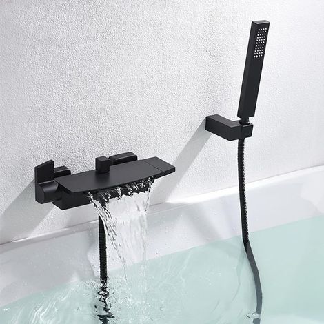 Schwarze Wasserfall-Wandbadarmatur, Wandarmatur für Badezimmer, Badarmatur mit Handbrause, Badmischer (1/5)