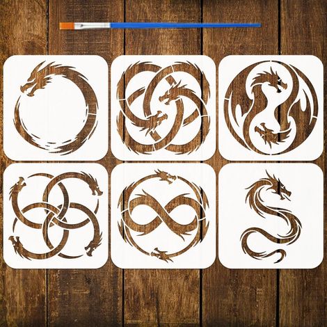 6Pièces Pochoirs Symboles Dragon Avec Pinceau 15x15cm 6 Styles Pochoirs Symboles Floraux Plastique Thème Animal pour Peinture Sur Bois Mur Meubles Loisirs Créatifs Décoration Intérieure (1/5)