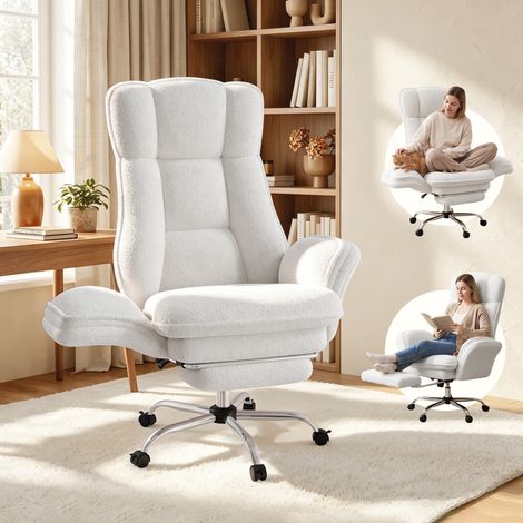 Fauteuil de bureau ergonomique en peluche, dossier inclinable 90°-135°, repose-pieds rétractable, roulettes, télétravail, blanc