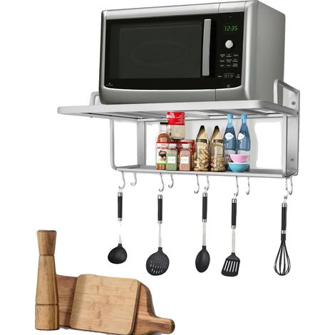Estante de pared de dos niveles para microondas, fabricado en aleación de aluminio, almacenamiento versátil, adecuado para diversos electrodomésticos de cocina. (1/5)