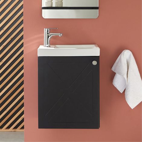 Mob-In – Meuble lave-mains suspendu 40 cm – Vasque réversible en résine – Rangement fermé avec porte moulurée – Finition mate en MDF