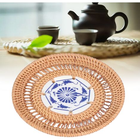 Tapis isolant thermique vietnamien en rotin Thu tissé à la main, dessous de tasse rond en porcelaine bleue et blanche, 13 cm (1/5)