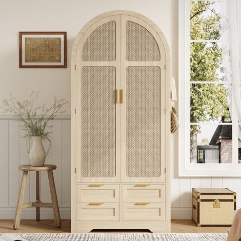 Kleiderschrank 80x50x179 cm - Moderner Schlafzimmerschrank mit geschwungenen Türen und Rattan - Garderobenschrank mit Kleiderstange und Stauraumschubladen - Natur