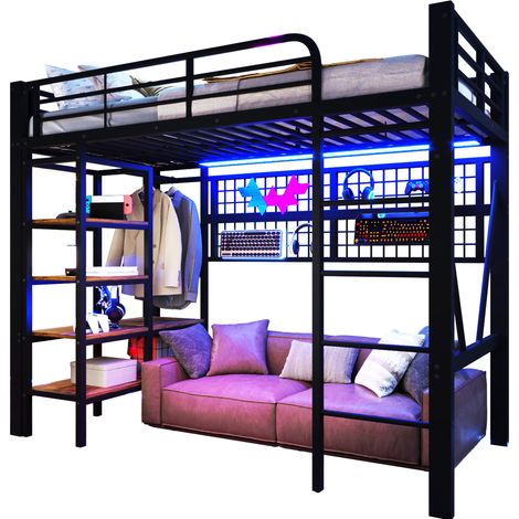 Lit mezzanine 90x200 cm en métal noir avec étagère, filet suspendu et bande LED contrôlable par application (1/5)