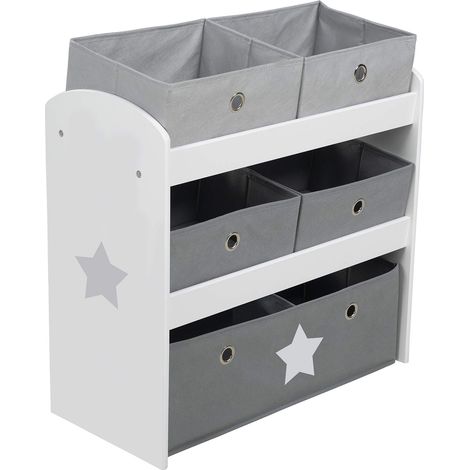 Étagère pour Jouets Enfant en Bois - 5 Paniers en Tissu Amovibles - Meuble de Rangement pour les Jouets - 64 x 30 x 60 cm - Motif Étoile / Gris (1/5)