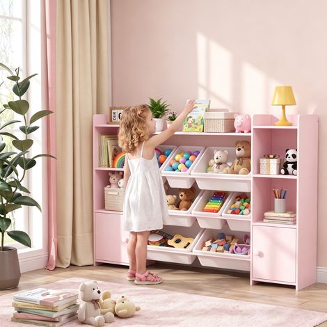 Meuble rangement enfant, étagère de rangement pour jouets enfants avec 8 bacs amovibles, 140 x 30 x 90 cm, rose (1/5)
