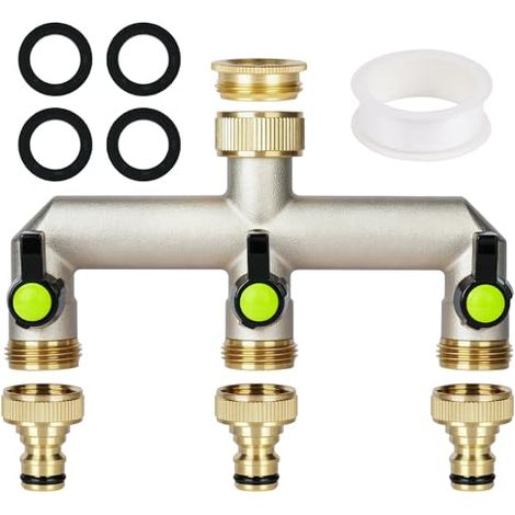 3 Vías Adaptador para Grifo, 3/4" Brass Tap Manifold Hose Splitter, Adaptador Manguera Grifo Derivacion 3 Vias, con 3 Salidas de 3/4 de Pulgada, 1 Cinta de Sellado de Rodillos