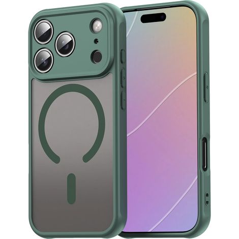 (Vert, iPhone 15) Coque de protection minimaliste à finition mate, résistante aux chutes, chargement sans fil magnétique. (1/5)