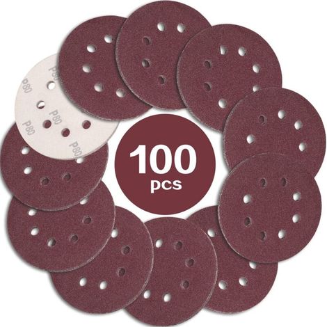 100PCS Disque de Ponçage 125mm Grain 80, Disques a Poncer Papier Abrasifs 8 Trous Idéal pour Poncer/Polir pour Ponceuse Excentrique (1/4)