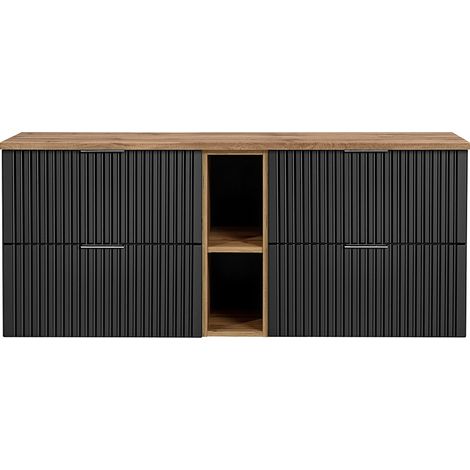 Waschtischunterschrank 140cm ADELAIDE-56-BLACK in matt schwarz mit Eiche Nb., gerillte Front, B/H/T 140,6/59,2/46,5 cm (1/5)