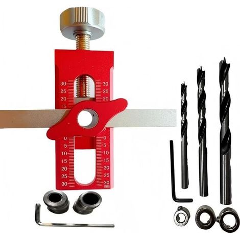 Pince de fixation pour porte d'armoire, outil d'installation 2 en 1 en alliage d'aluminium avec positionneur réglable, convient à la plupart des portes d'armoire, livré avec 3 forets (rouges). (1/4)