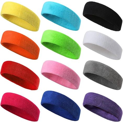 12 Pièces Bandeau Sport pour Hommes et Femmes Bandeau Transpiration Bande de Cheveux Élastique Non Slip Évacuation de l'Humidité Bandeau en Coton (1/5)