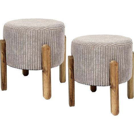 Altobuy – Lot de 2 tabourets de bar en velours côtelé taupe – Hauteur d'assise 35cm – Structure en MDF et pieds en acacia (1/4)