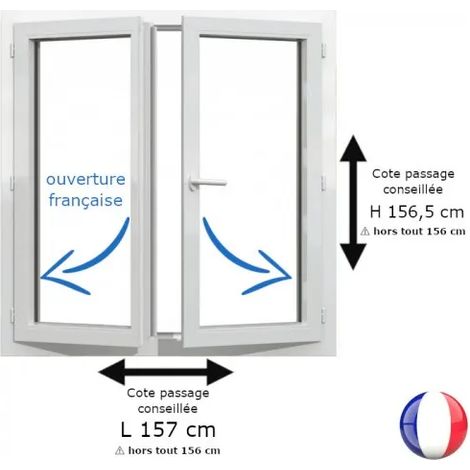 Fenêtre PVC blanc 2 vantaux hors tout H 156 x L 156 cm ouverture française pour pose rénovation
