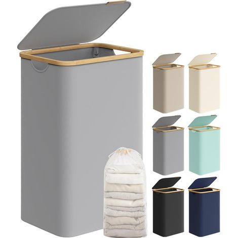 Cesto portabiancheria con coperchio, grande cesto portabiancheria, 90 l, fodera in rete rimovibile, tessuto Oxford, manici in bambù, pieghevole, 42 x 32 x 70,5 cm, grigio tortora