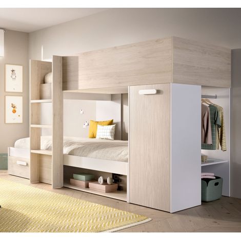 Befara – Lit superposé Apolinia avec armoire et tiroir – Compatible matelas 90x190 cm – Design moderne en chêne et blanc – Dimensions 246x112x150 cm