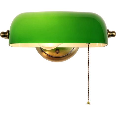Applique Murale Banquier Vert En Verre Avec Interrupteur À Chaîne À Tirer, Lampe De Chevet Enfant, Lampe Murale E27, Base En Métal Bronze, Pour Chambre Cuisine Applique Luminaire Orientable (1/5)