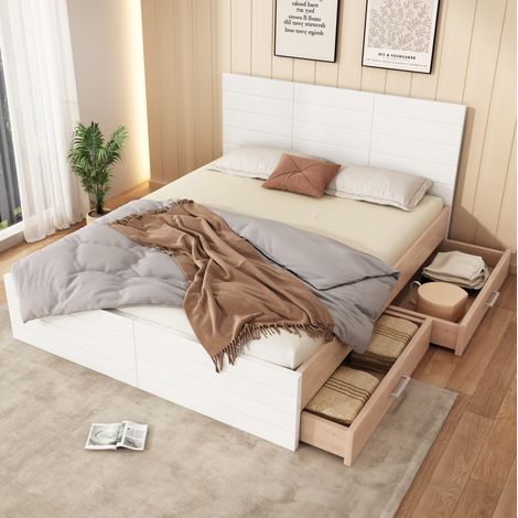 Cama doble con 2 cajones y somier en blanco roble OKMYHOME (1/5)
