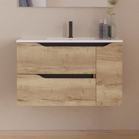 Meuble sous vasque seul, 2 tiroirs et 1 porte, 80cm, vasque centrée - madera miel (bois clair) - ZARZA