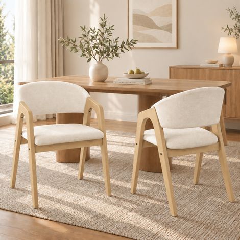 Lot de 4 chaises de salle à manger avec accoudoirs, bois et tissu beige, 55,5x60x83 cm OKMYHOME (1/5)