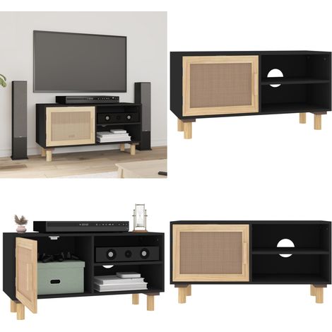 Meuble TV Noir 80x30x40 cm Bois de pin massif et rotin naturel - Meubles Tv - Meuble Tv - Support Tv - Unité Tv - Meuble Design - Home & Living (1/5)