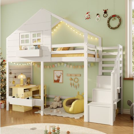 DESVIAE Lit superposé enfant 90x200 cm avec escalier de rangement fenêtre étagère murale garde corps bois massif pin blanc (1/5)