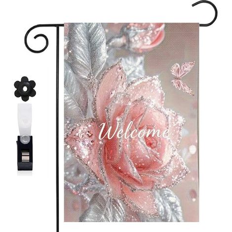 Drapeau vertical Welcome et rose rose à contours argentés 30 x 45 cm décoration jardin d'été (1/5)