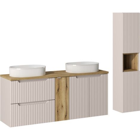 Ensemble Salle de bain Meuble double vasques + plateau effet chêne 140 cm + Colonne - A portes + tiroirs - Astral Beige - Livraison gratuite