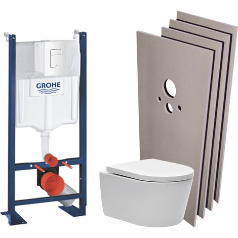 Grohe – Pack WC bâti autoportant avec cuvette sans bride – Fixations invisibles – Plaque blanche – Set habillage Jackon – Économie d'eau 3/4,5L