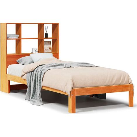 Lit bibliothèque, matelas ciré marron non inclus, 75 x 190 cm, pin massif. (1/5)