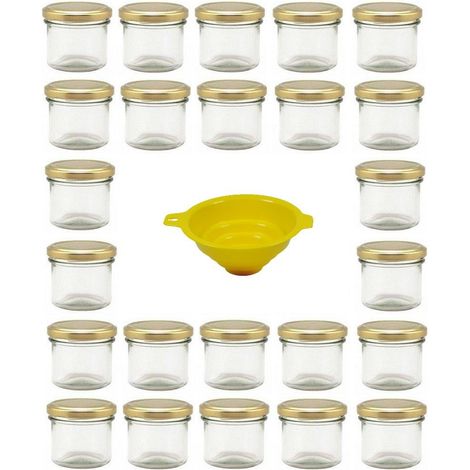 Viva Haushaltswaren G1130125/24T/X - Vasetti Piccole per marmellata con Tappo Dorato, 24 Pezzi, capacità: 125 ml, Imbuto Giallo Incluso, Chiusura ermetica