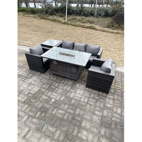 Fimous Outdoor PE Rattan Garden Furniture Gas Fire Pit Dining Table Armchairs With Side Coffee Table Dark Grey Mixed (1/4)