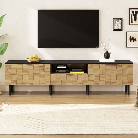 Meuble TV 170x35x44,5 cm 2 portes 1 tiroir niche ouverte design mosaïque passe-câbles pieds métal bois naturel noir