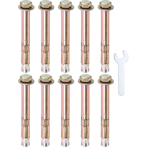 10-Pack Boulon À Expansion Hexagonal, M6x70mm En Acier Galvanisé Coloré Avec Clé De 10mm, Boulon Métallique Anti-Corrosion Pour Béton/Briques Sèches/Blocs Muraux (1/5)