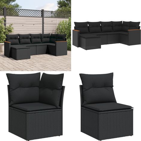 Set de sofás de jardín 6 piezas y cojines ratán sintético negro - Cojines para sofás - Ratán sintético
