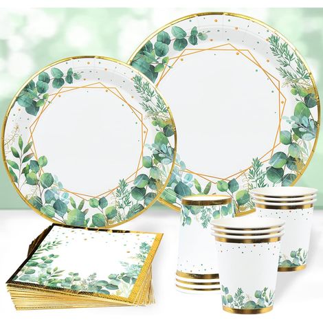 Assiettes Jetable Anniversaire Vert Sauge - 96pcs Or Vert Gobelets et Serviettes pour Fête De Mariage Baby Shower Fête prénatale, Fête à Thème Jungle (1/5)