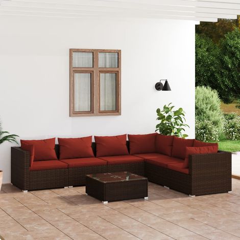 7-tlg. Garten-Lounge-Set mit Kissen Poly Rattan Braun (1/5)